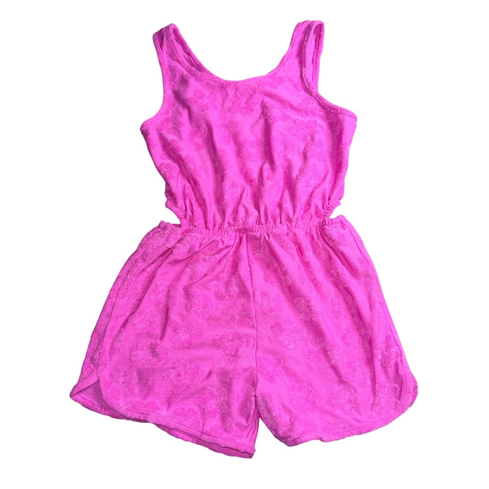 SO Terry Cloth Romper L (10/12) Pink Floral Embossed Cutout Summer Sleeveless